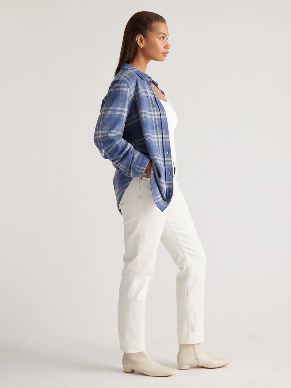 NWT Quince Stretch Sweater Fleece Shirt Indigo Check Plaid Blue XS Button Up - Picture 3 of 12